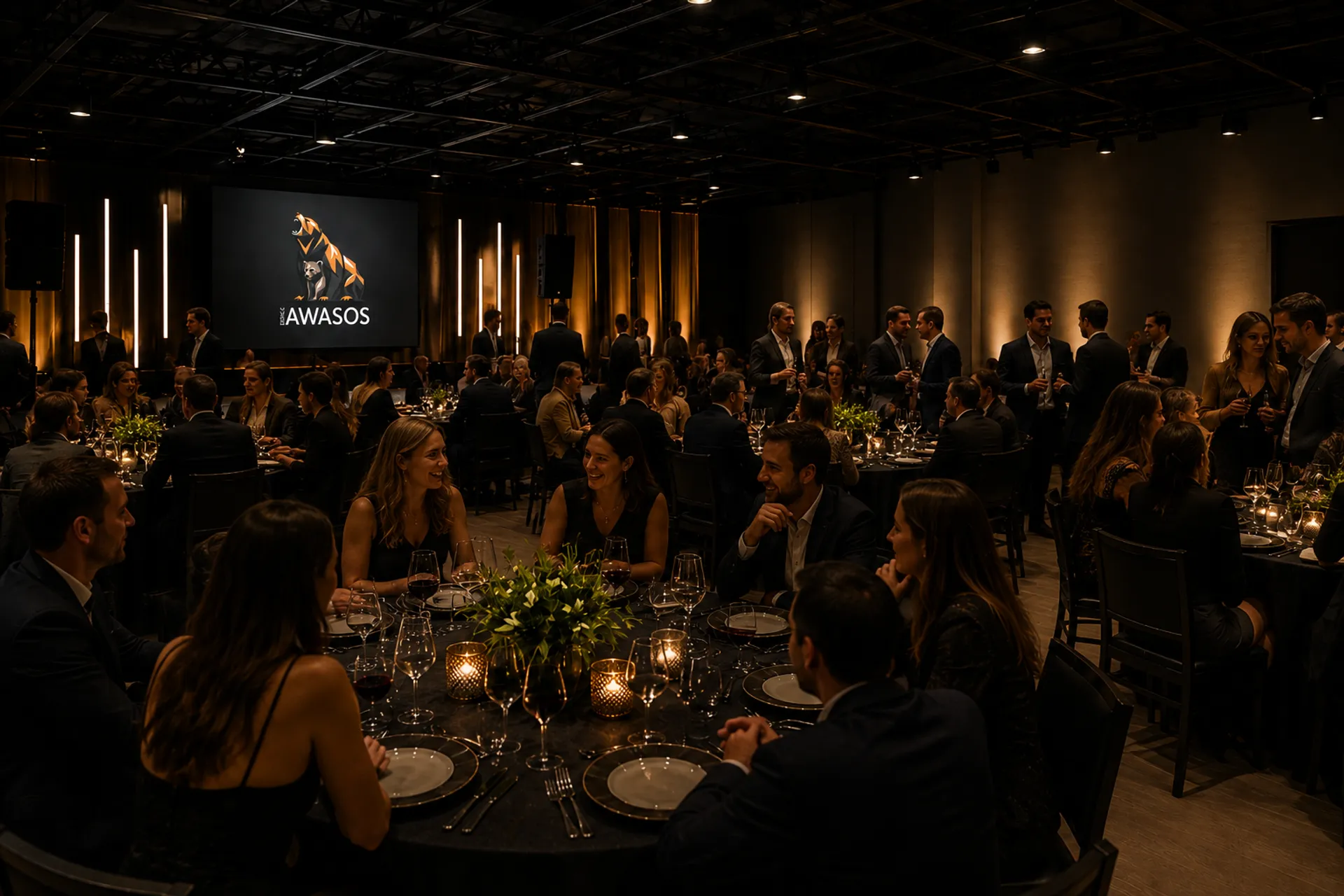 Espace Awasos en soirée corporative, ambiance lumineuse et invités attablés